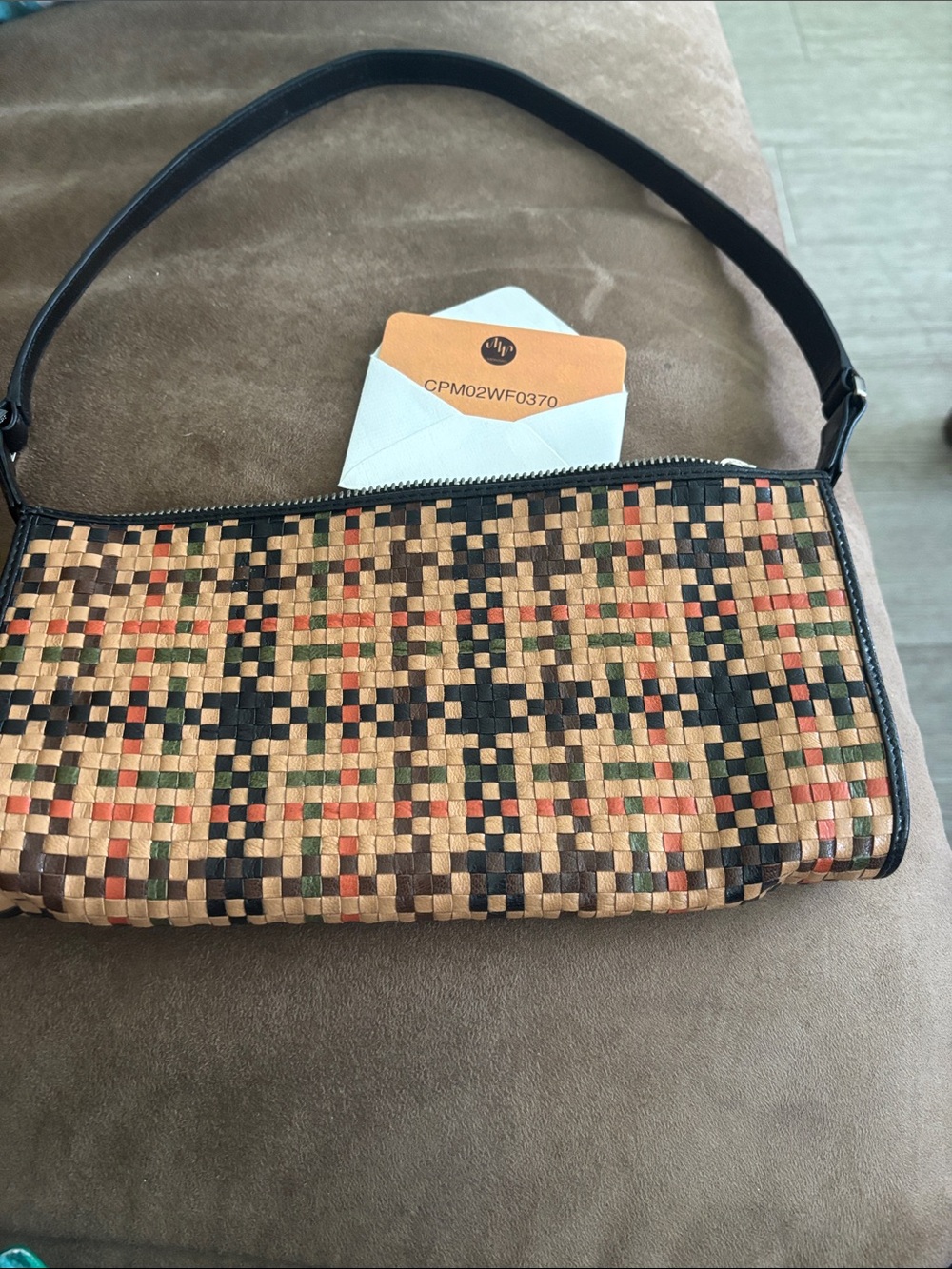 Monsac Woven Shoulder Bag in Tan, Black, Green & Red